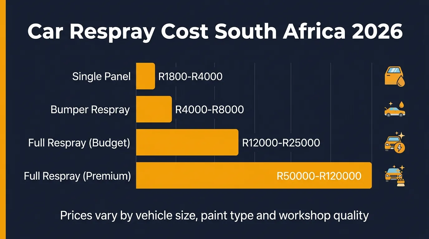 Car respray cost breakdown South Africa 2026 — single panel to full respray pricing
