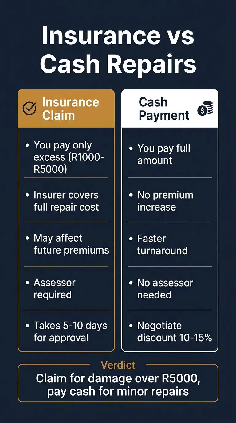 Infographic comparing insurance claims vs cash payment for panel beating — when to claim and when to pay out of pocket