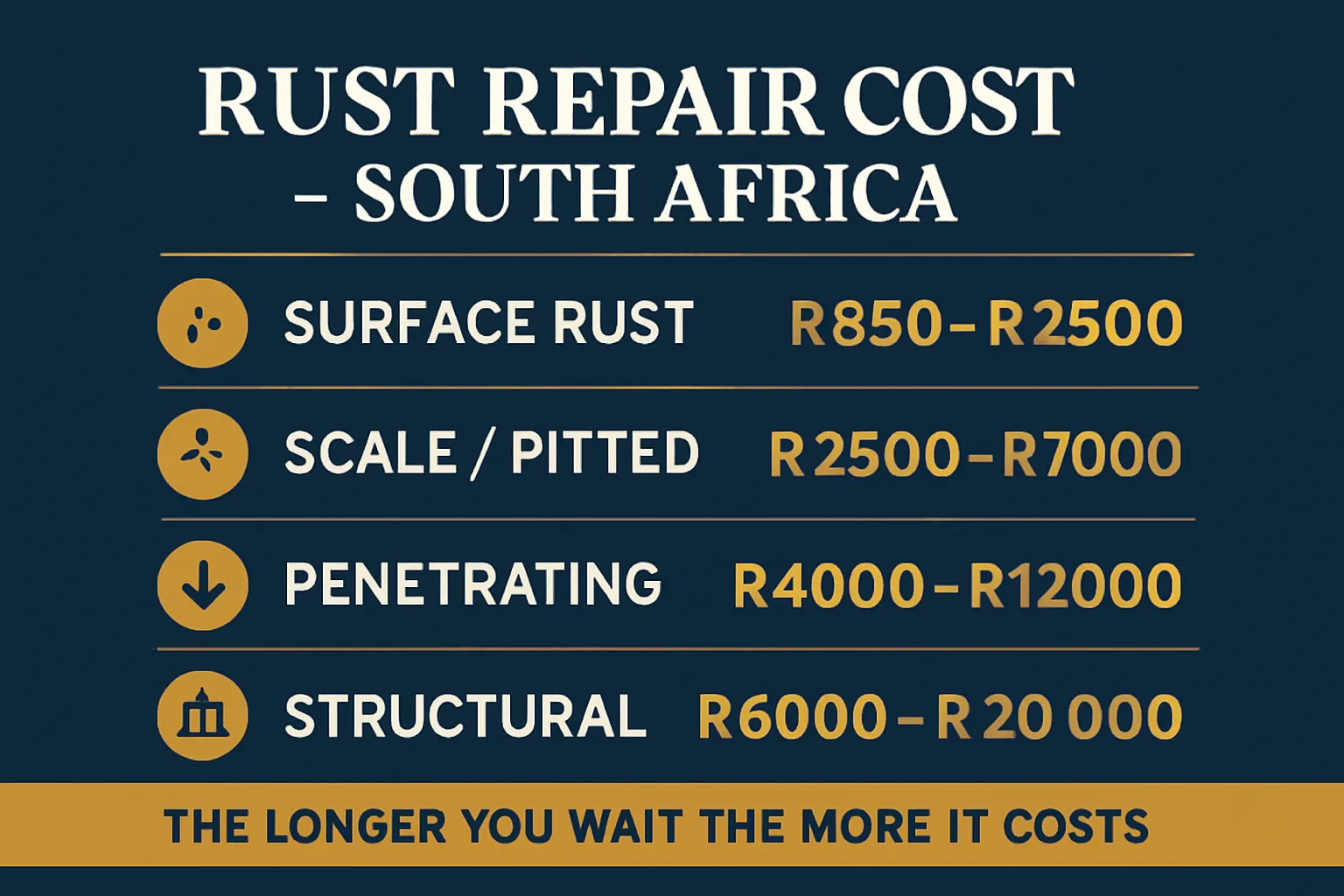 Car rust repair cost South Africa 2026 — surface rust to structural chassis repair pricing by stage