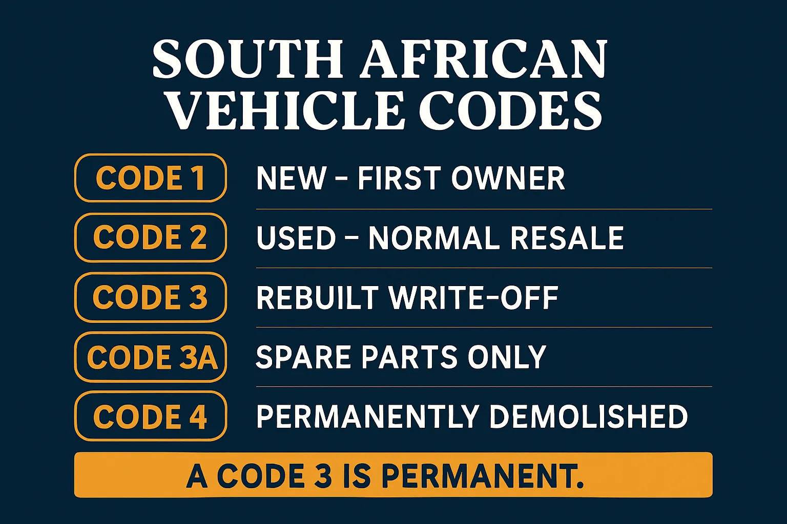 South African vehicle codes explained — Code 1, 2, 3, 3A and 4 write-off classifications